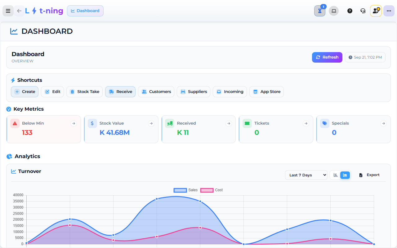 Core App dashboard - sidebar groups, top bar with Smart Store-Lyt-ning logo, Key Metrics tiles, 8 Shortcuts row.
