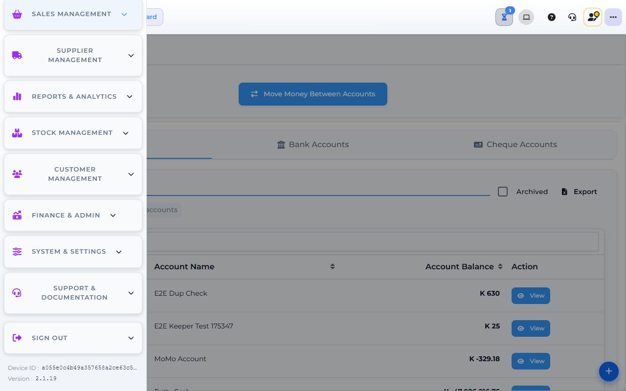 Core App Cash and Accounts screen — demo store.