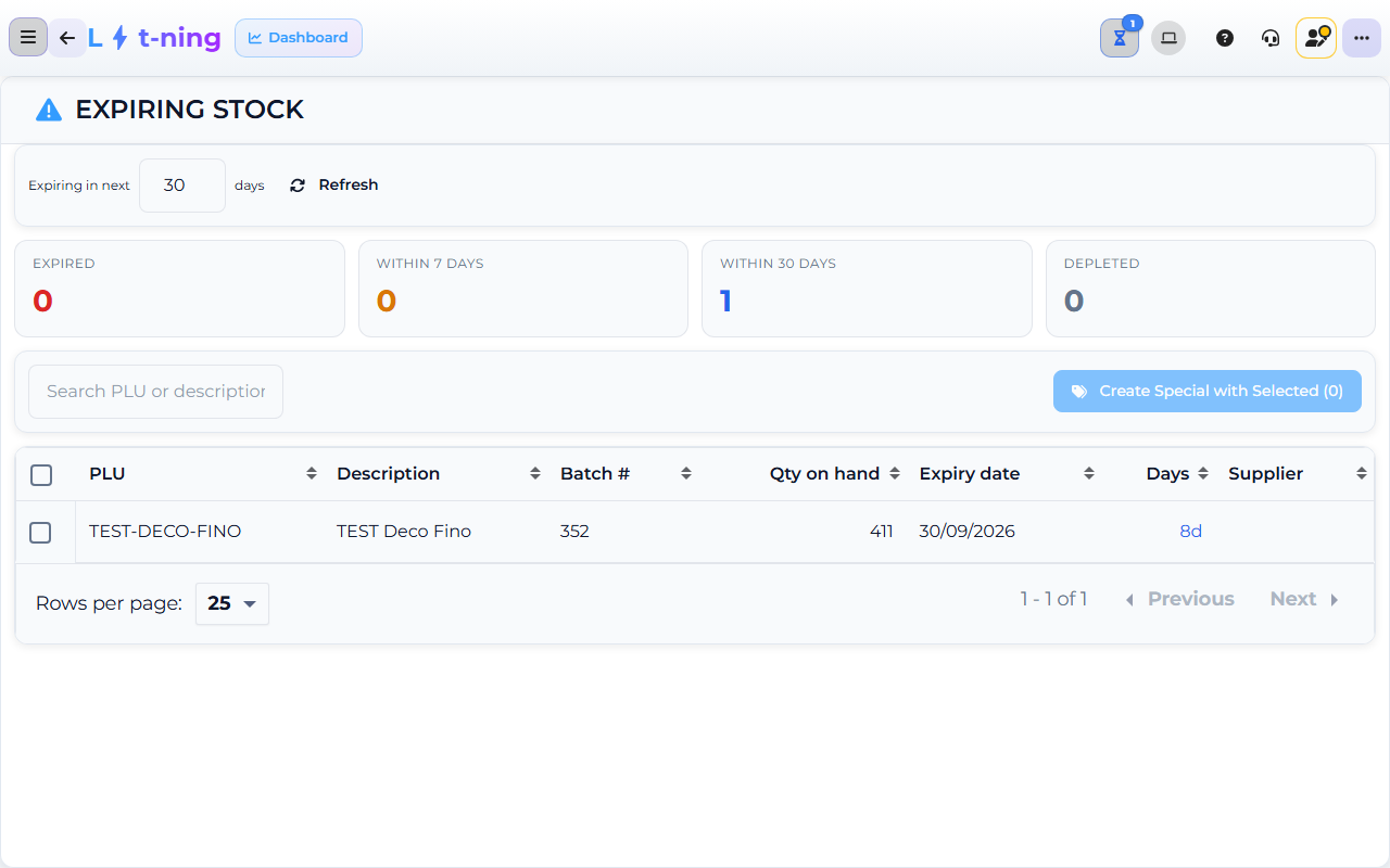 Core App Expiring Stock screen — demo store.