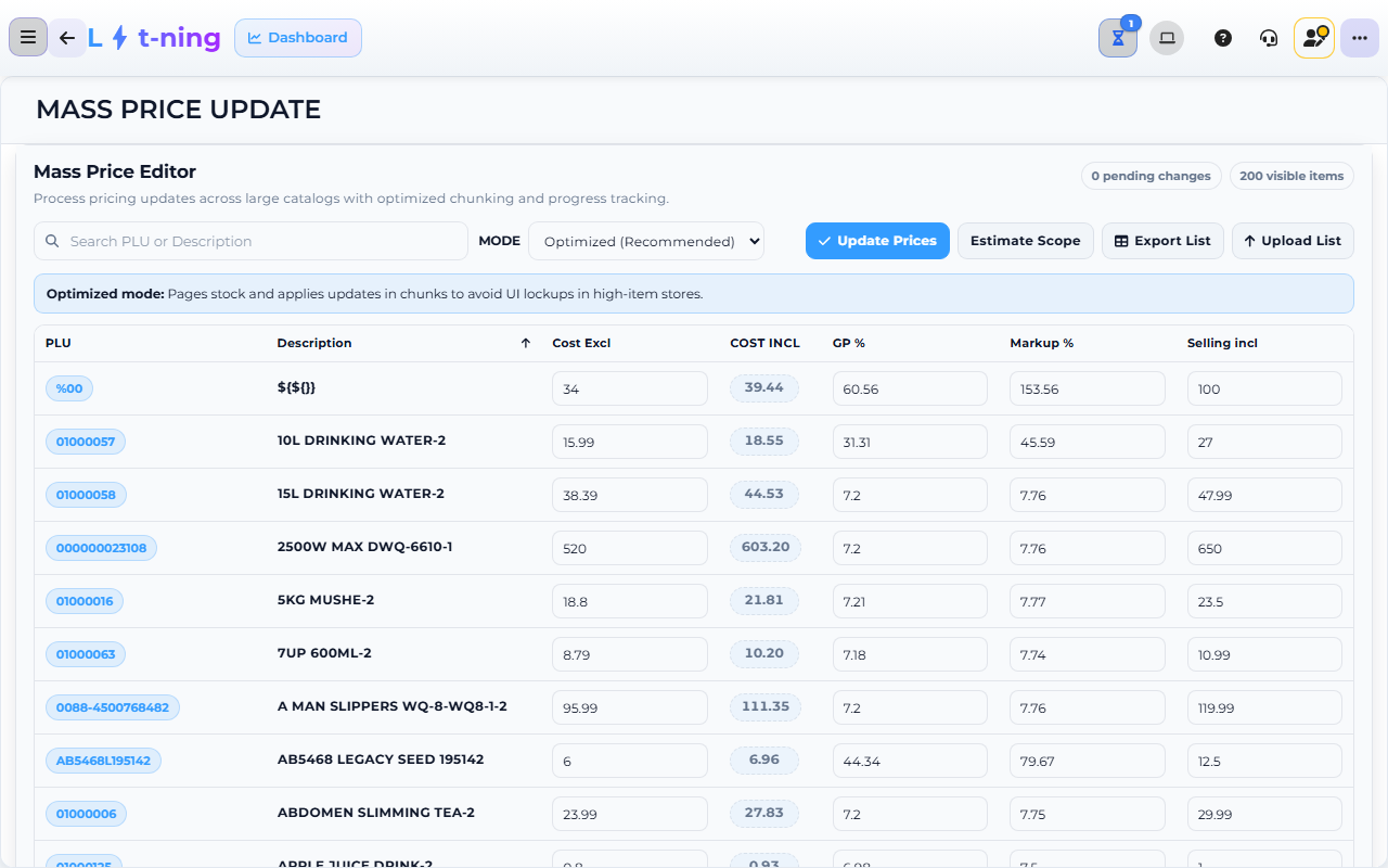 Core App Mass Price Edit screen — demo store.