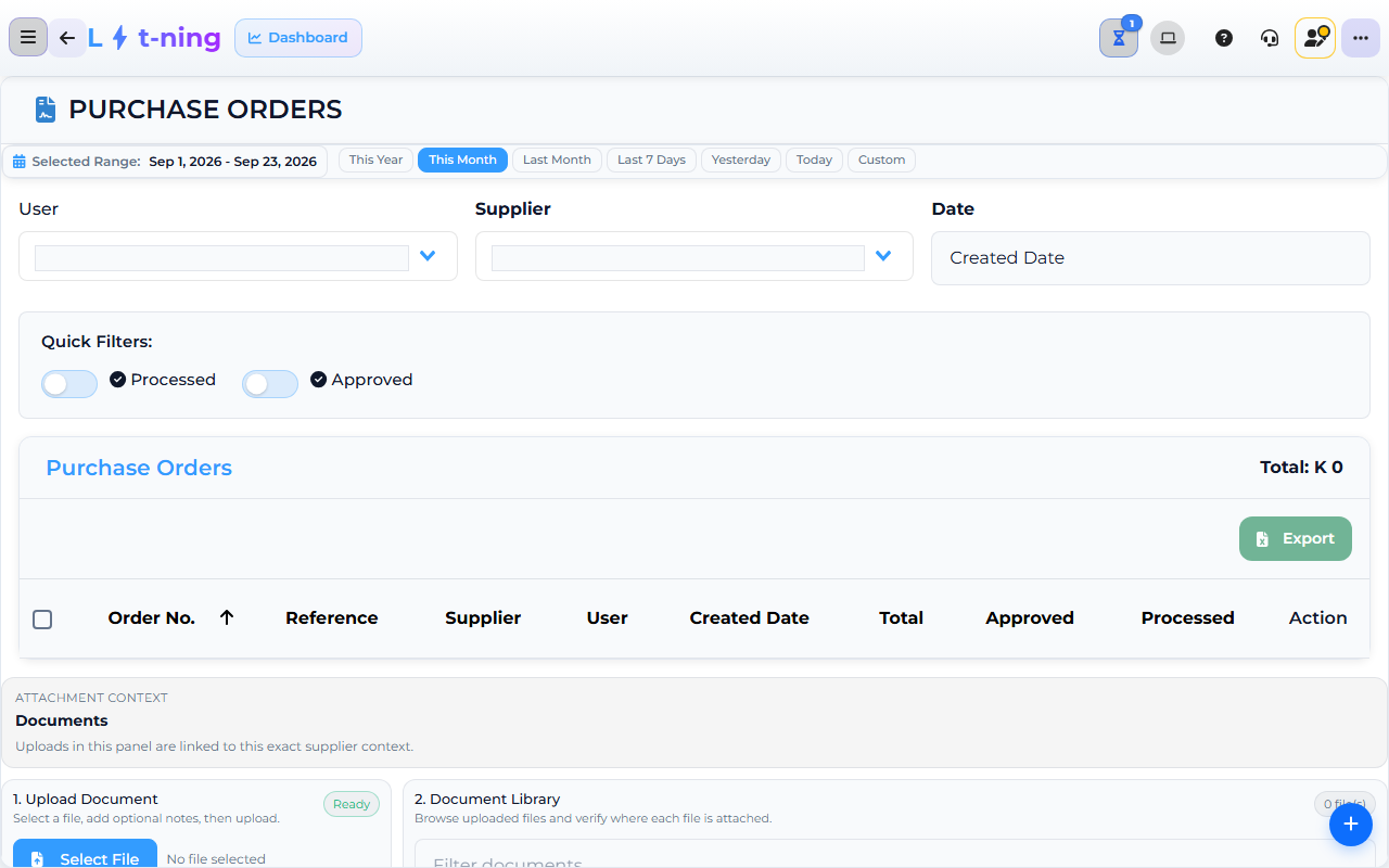 Core App Purchase Orders screen — demo store.
