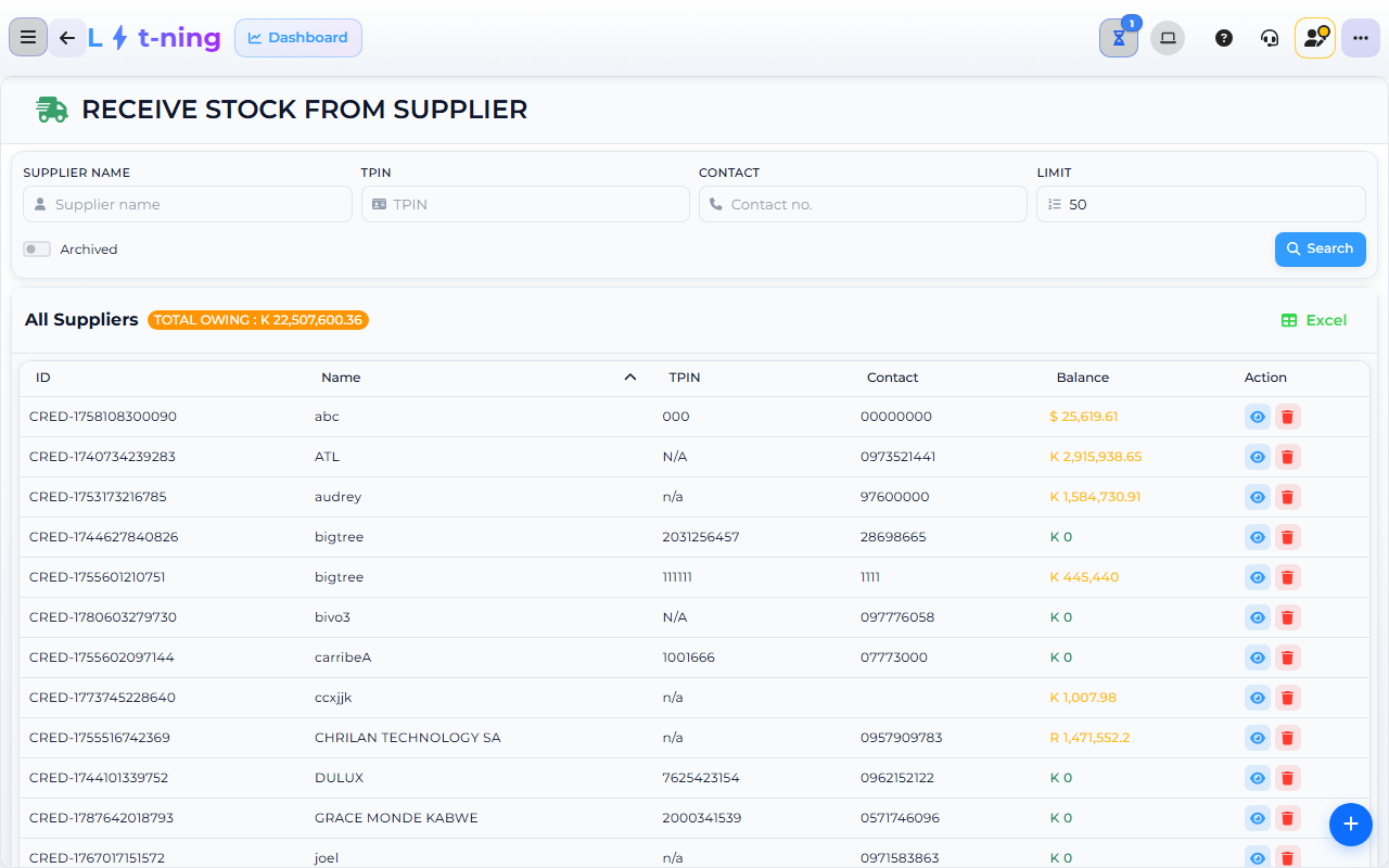 Core App Receive Stock / GRV screen — demo store.