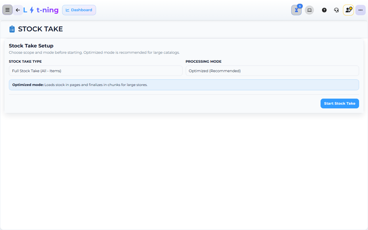 Core App Stock Take screen — demo store.
