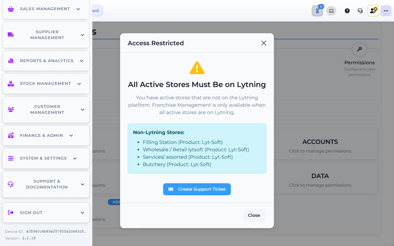 Core App Franchise Management screen — demo store.