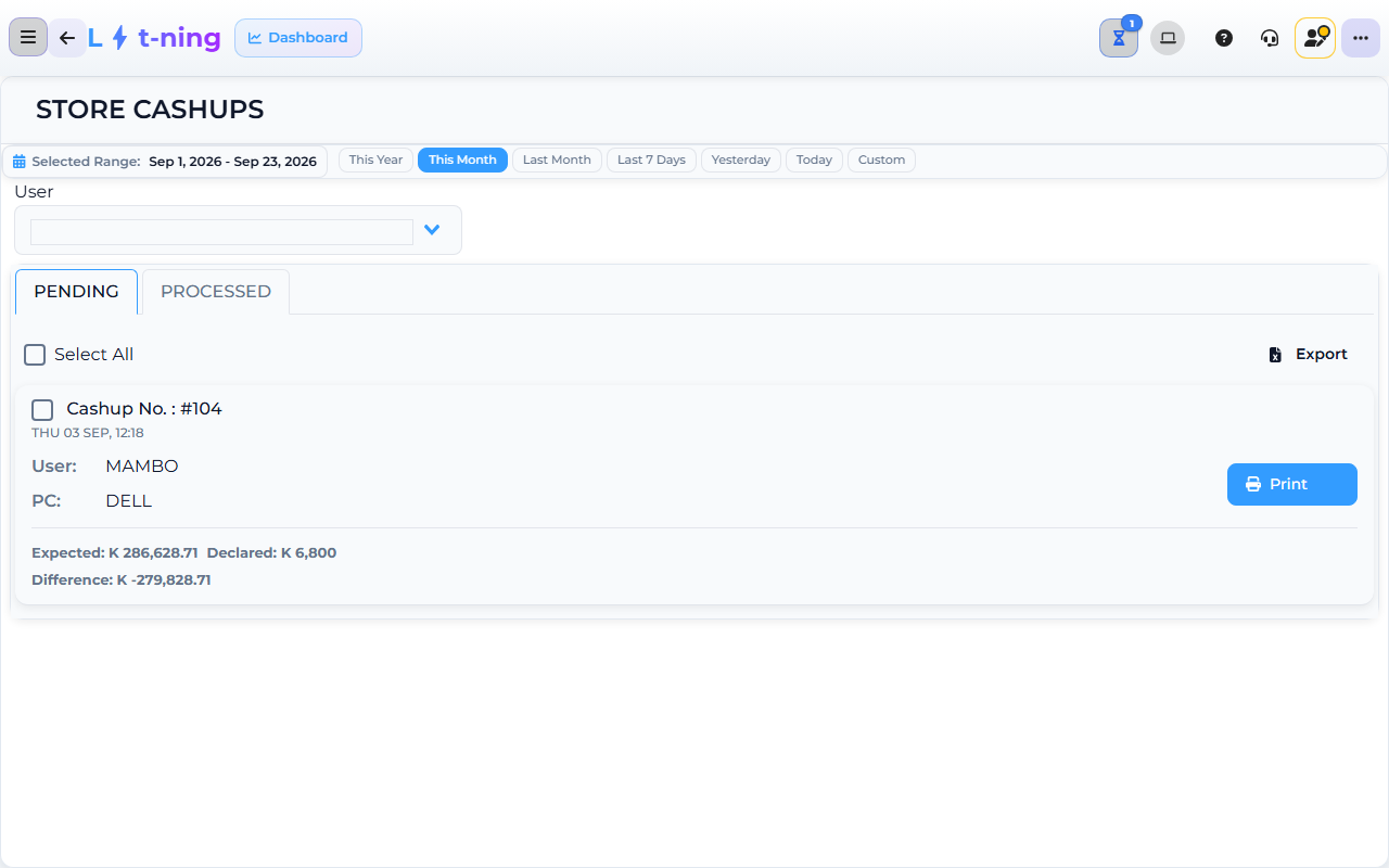 Core App Store Cashups screen — demo store.
